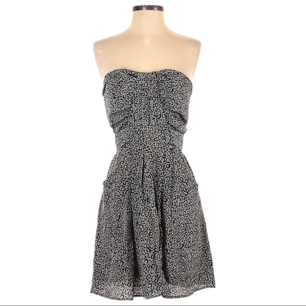 Charlie Jade 100% Silk Gray Leopard Print Sweetheart Strapless Mini Dress NWT XS